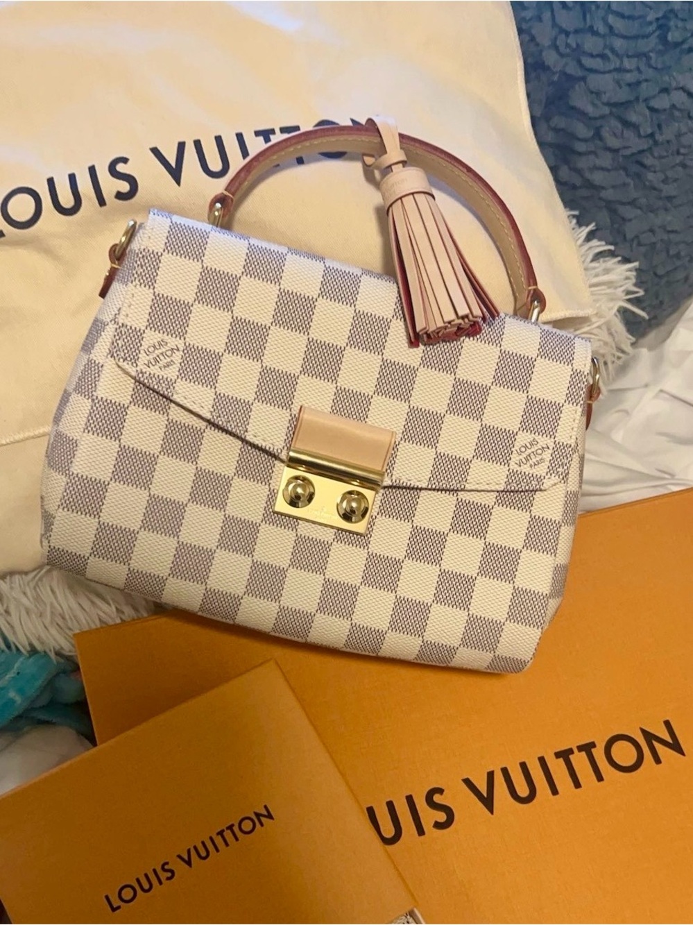 Louis Vuitton White Damier Azur Top Handle Satchel with Pink Tassel